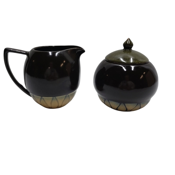 Tannex Stoneware Creamer Sugar Bowl Brown Green Tan - Picture 12 of 12